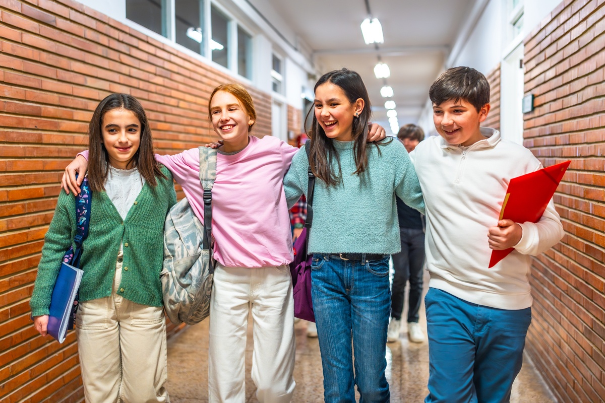 Friends, Teenagers, Teens, Students, Middle School, Junior High, Connection, Back to School, Hallway, Books, Bag